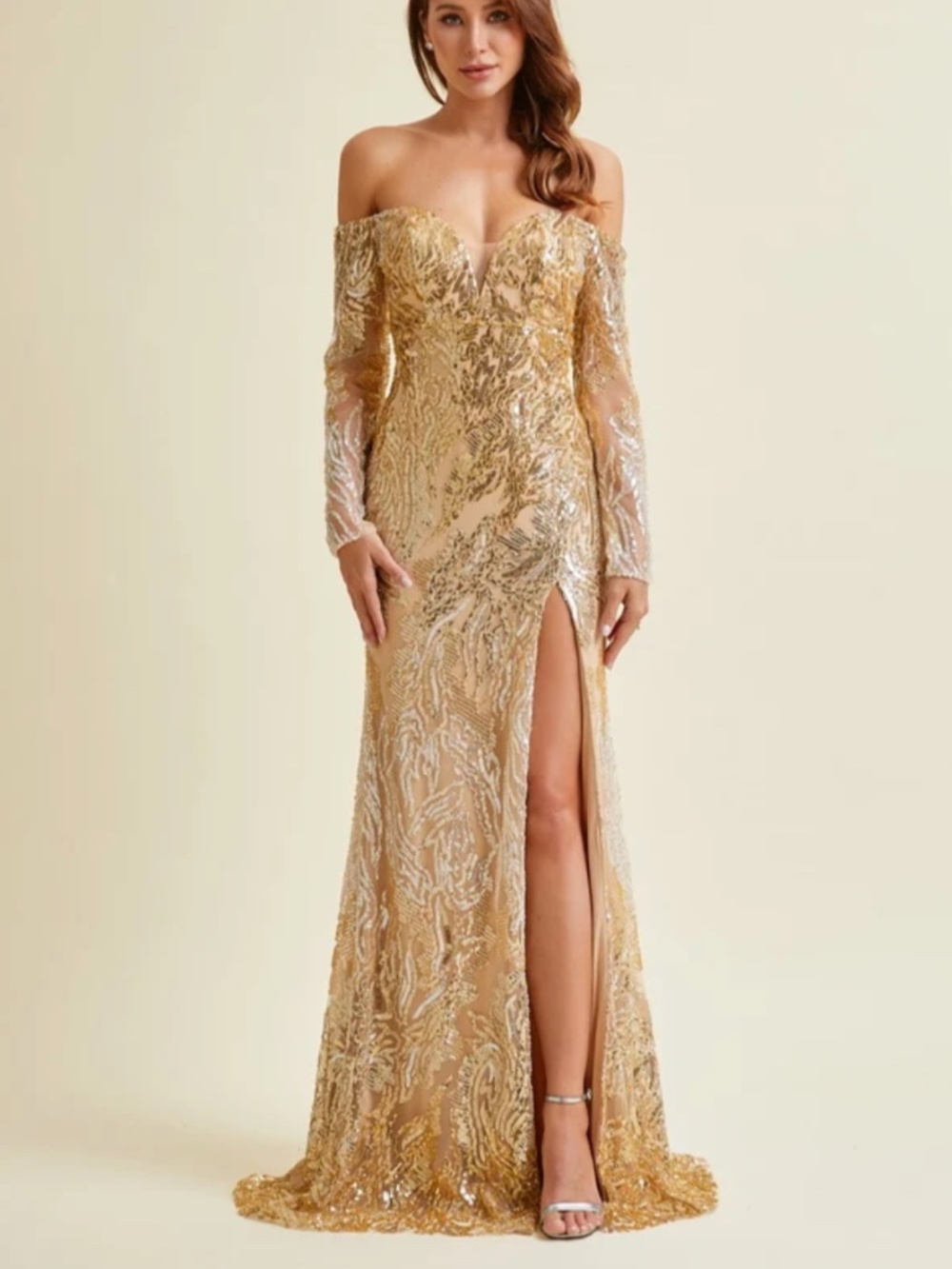 Gold Champagne Beaded Gown Sequin Dress Long Sleeve